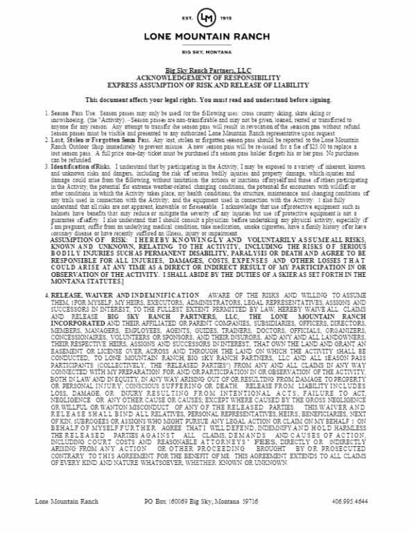 2021 Lone Mountain Ranch Waiver Big Sky Ski Education Foundation
